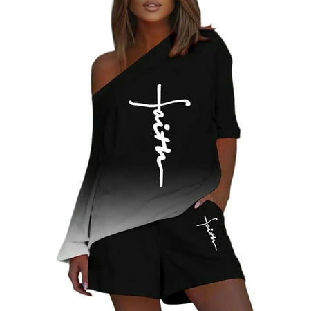 

Cindysus Women Mini Pants With Pockets Irregular Sleeve Lounge Sets Ladies Elastic Waist Short Trousers Sleepwear Geometric 2 Piece Outfits One Shoulder Baggy Pjs