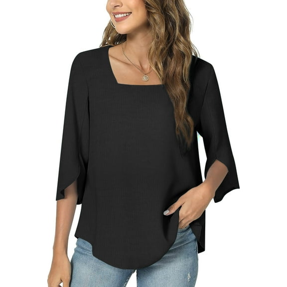 DreamFish Women's Square Neck Tops Half Ruffle Split Sleeve Curved Hem Loose Fit Shirt