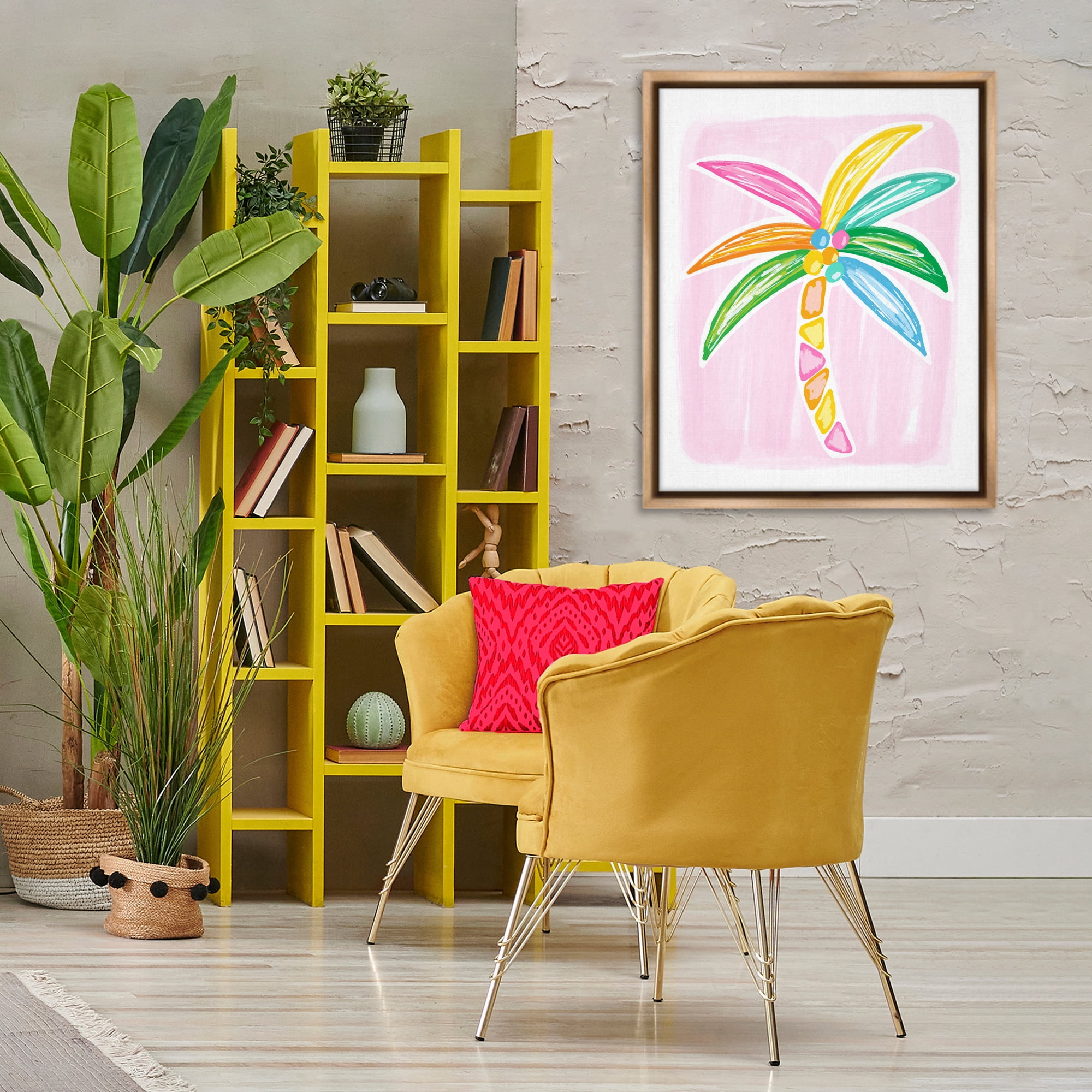 Stupell Industries Pastel Palm on Pink Botanical & Floral Painting Brown Floater Framed Canvas Art Print Wall Art, 25 x 31