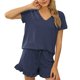 thumbnail image 3 of Conjunto de pijama de manga corta para mujer, conjunto informal de salón de 2 piezas con cuello en V y cordón elástico para primavera y verano, azul L, 3 of 5