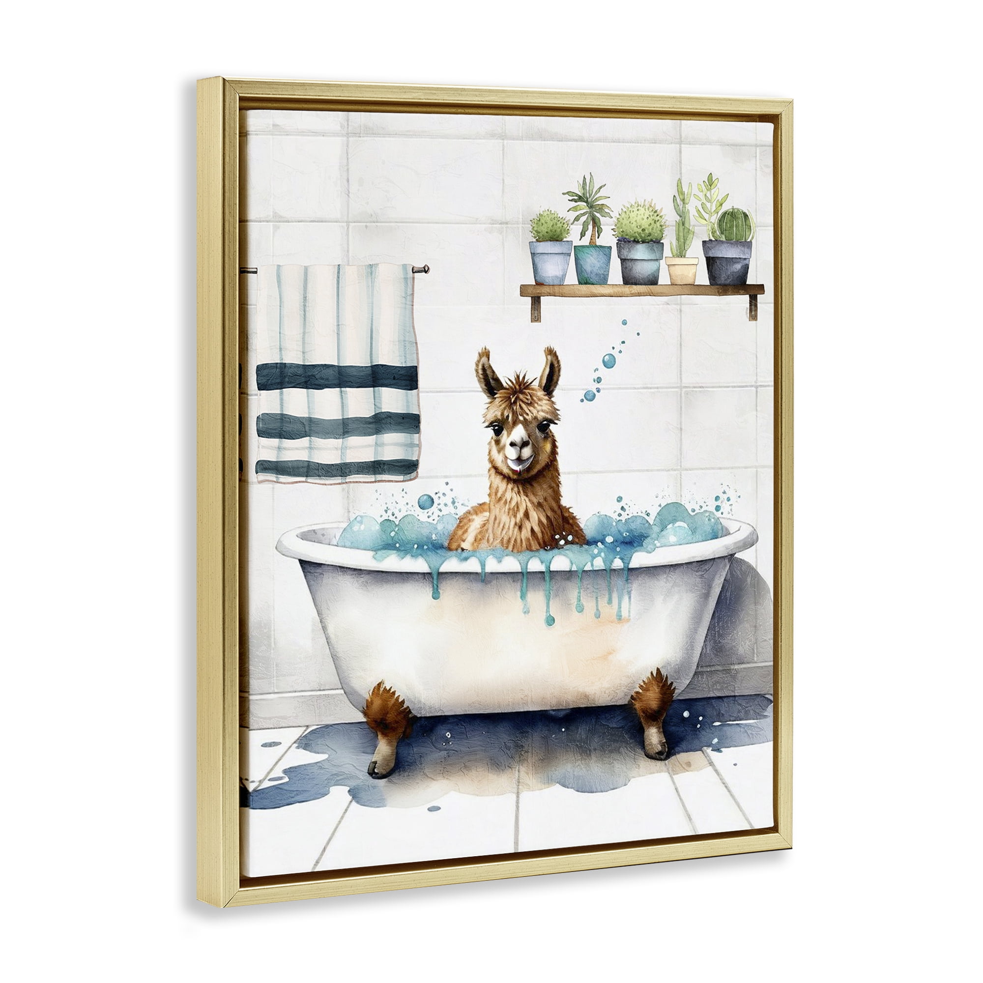 Stupell Industries Alpaca Bathtime Suds Bath & Laundry Painting Gold Floater Framed Canvas Art Print Wall Art, 17 x 21
