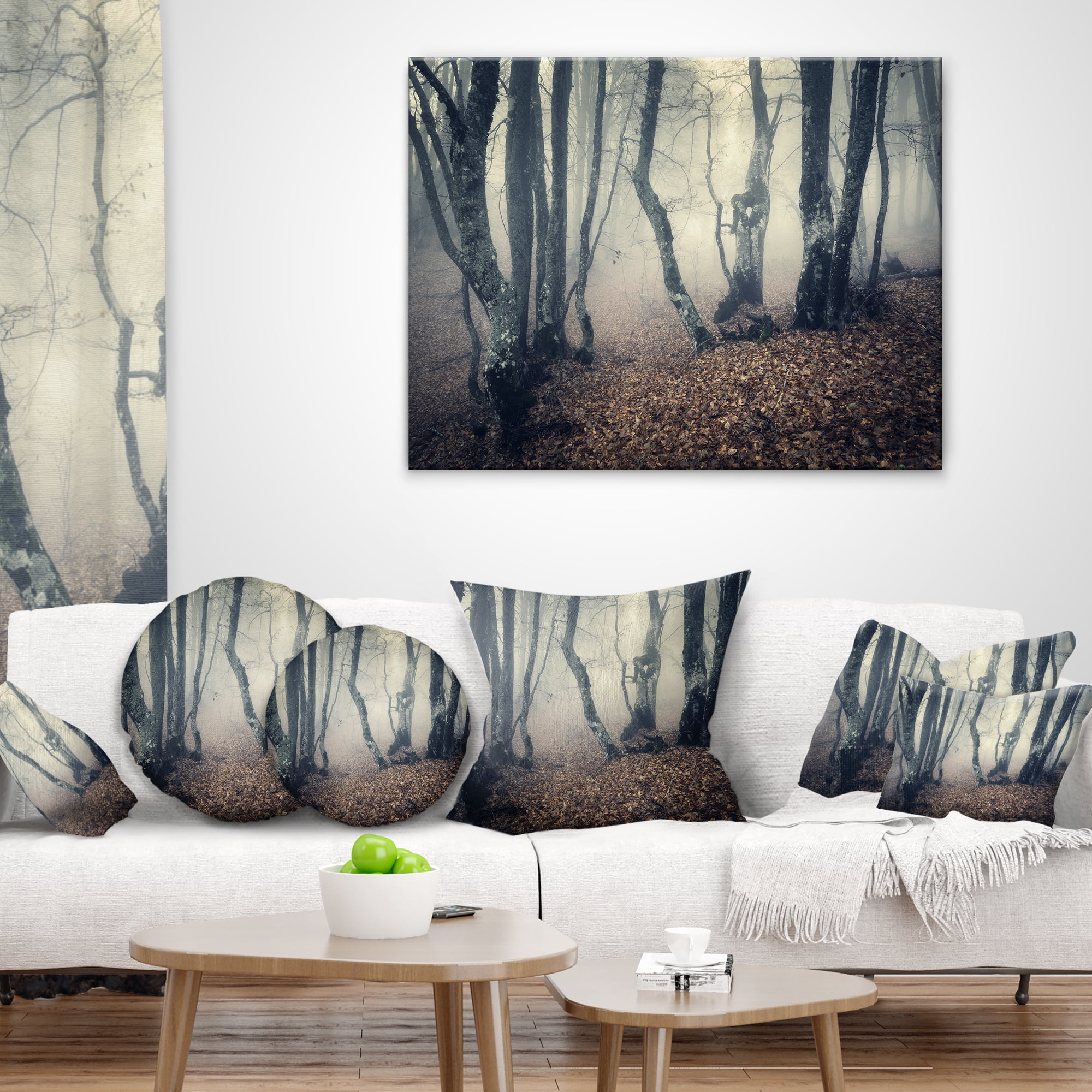 Designart Mystical Yellow Fog in Fall Forest - Landscape Photography Throw Pillow - 16x16