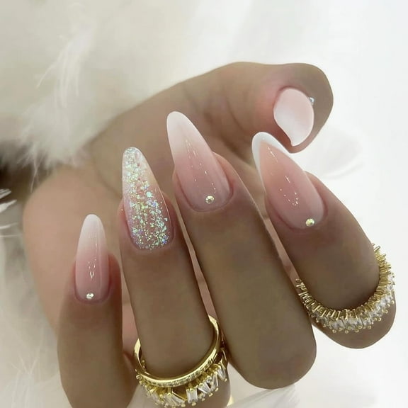 Press on Nails Medium Almond Fake Nails Glossy Glue on Nails Nude Ombre Acrylic Nails Stiletto French Tip Artificial Nails Bling Glitter Stick on False Nails with Rhinestone Design 24 pcs