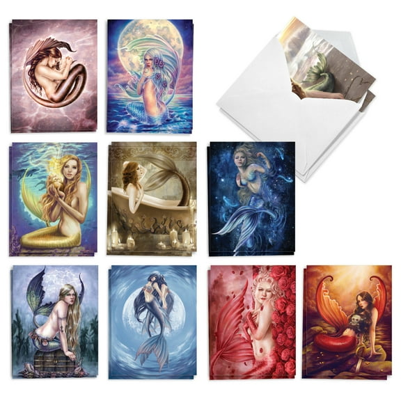 The Best Card Company 20 Assorted Blank All Occasions Notecards Boxed Set 4 x 5.12 Inch with Envelopes (10 Designs, 2 Each) Mermaids AM10205OCB-B2x10