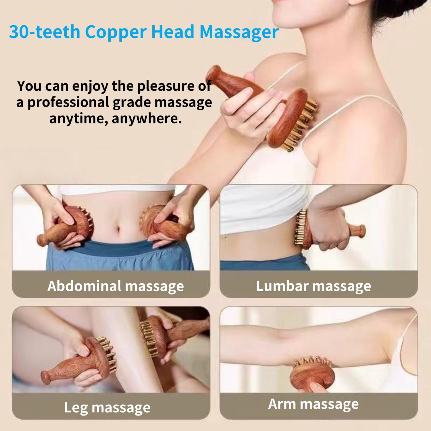 ABPETE Wood Therapy Massage Tools 29-Teeth Copper Head Massager, Home SPA Body Relaxing and Stress Relief Handheld Massager, for Legs, Arms, Neck, Shoulder