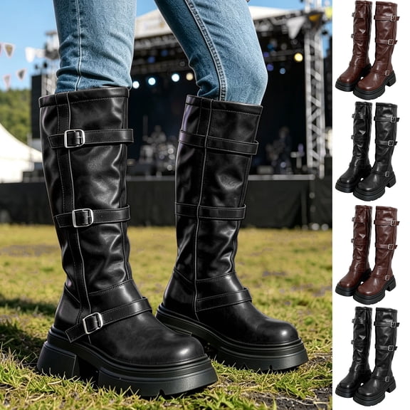 Women Multi Buckle Knee High Boots, Faux Leather Platform Chunky Heel Tall Booties, Side Zipper Motorcycle Riding Boots Brown 8(40)
