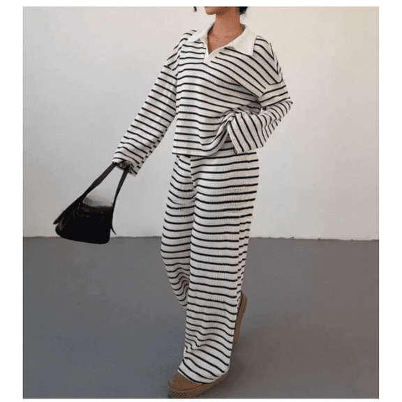 Womens Striped 2 Piece Sets V Neck Long Sleeve Pullover Tops High Waist Wide Leg Pants Casual Knit Sets Loungewear