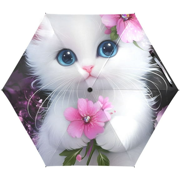 JSTEL Cute Cat Kitten Pink Flower Folding Umbrella for Rain Sun Travel Mini Lightweight Compact Umbrellas