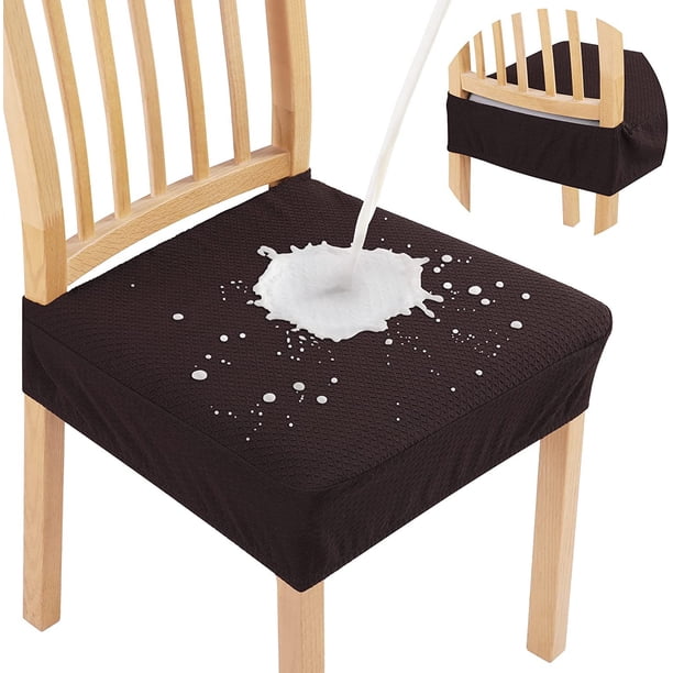 Nvzi Juego de 2 fundas de asiento impermeables para sillas de comedor, fundas protectoras de asiento de silla extraíbles y lavables de jacquard elástico, sin fundas traseras, marrón oscuro