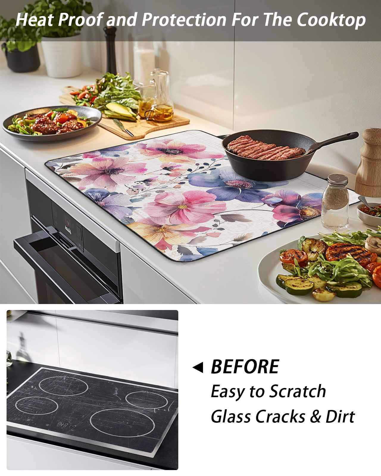 Stove Top Covers for Electric Stove, Pink Blue Spring Floral Glass Stovetop Cover Protector, Vintage Summer Botanical Rustic Induction Cooktop Protector Oven Mat for Kitchen Countertop 24"x21"