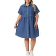 thumbnail image 1 of Vestido de mezclilla babydoll de talla grande para mujer Agnes Orinda, con botones, cuello de solapa, mangas cortas, vestido casual de camisa de jean con bolsillos, 3X azul medio, 1 of 8