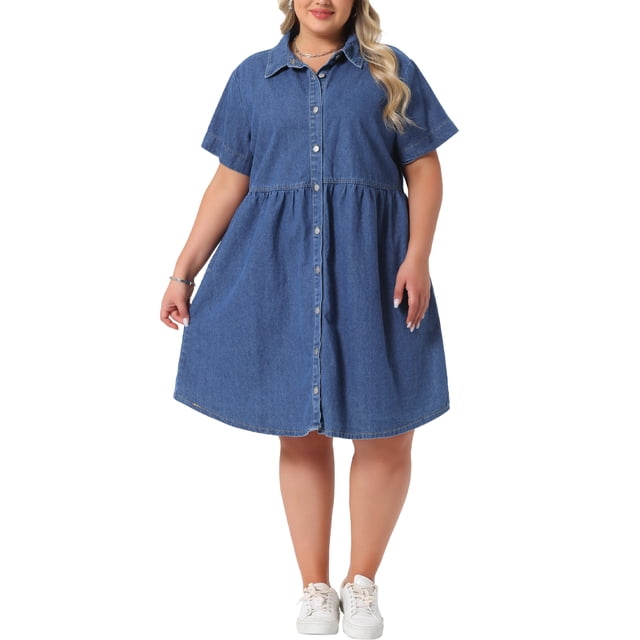 Vestido de mezclilla babydoll de talla grande para mujer Agnes Orinda, con botones, cuello de solapa, mangas cortas, vestido casual de camisa de jean con bolsillos, 3X azul medio