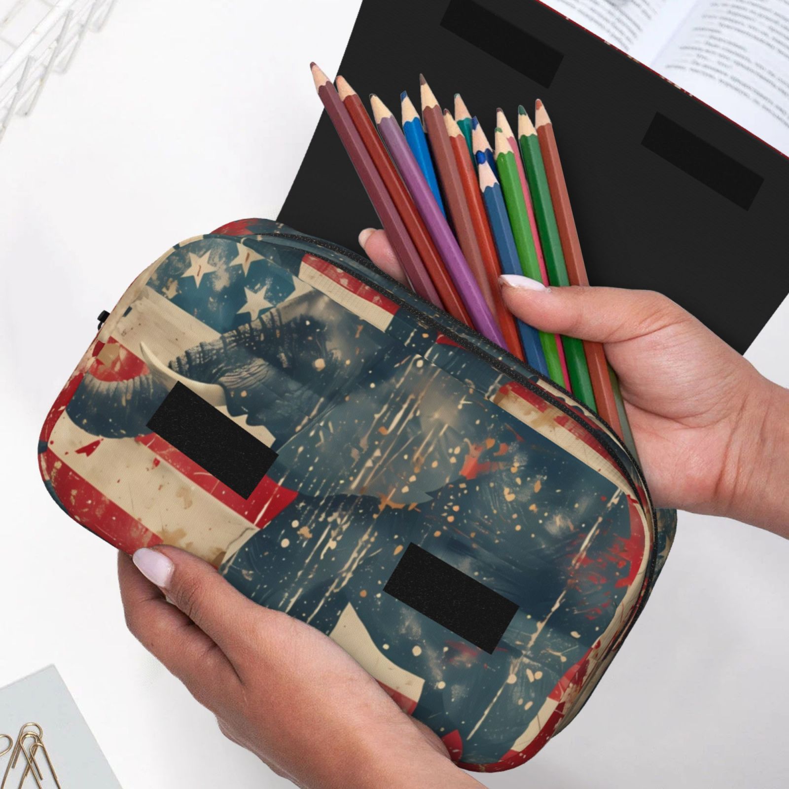 Rateoe Vintage American Flag Elephant Pattern Double Clamshell Pen Case, Storage Organizer with Two Zipper Compartments– Holds Up to 50 Pencils & Pens