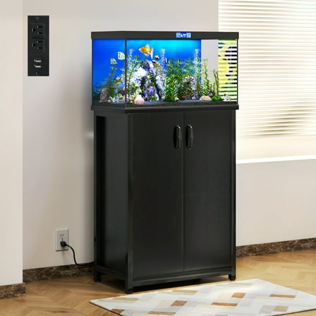 TC-HOMENY 10-20 Gal Aquarium Stand with Power Outlets, Cabinet for Fish Tank Accessories Storage with Adjustable Divider Design, Black