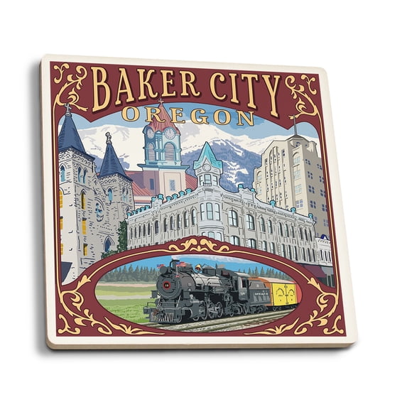 Baker City, Oregon, Town Views (Absorbent Ceramic Coasters Set of 4 Matching Images, Cork Back, Kitchen Table Decor)