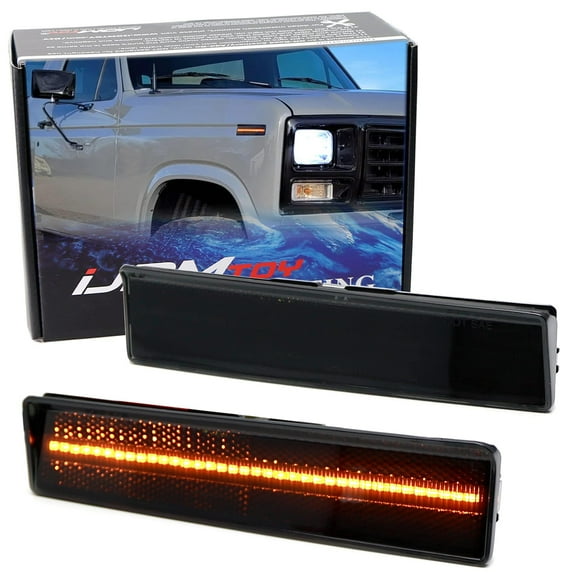 Dark Smoked Lens Amber Full LED Strip Front Side Marker Lights For Ford 1980-1986 Bronco F150 F250 F350, Powered by 50-SMD LED, Replace OEM Amber Sidemarkers