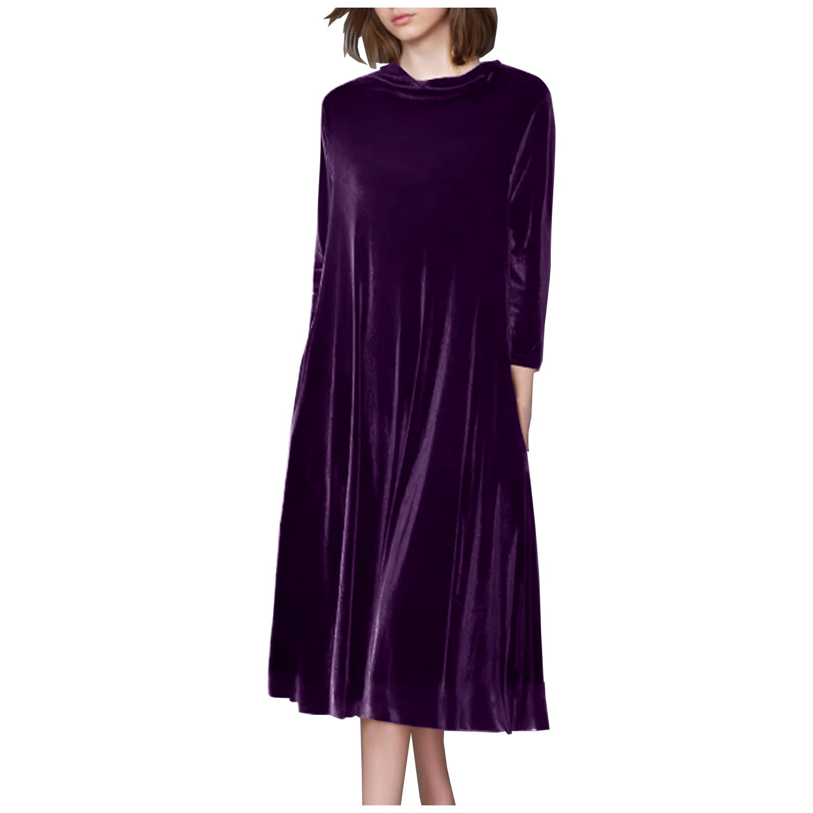 OSFVNOXV Velvet Dress for Women Plus Size Long Sleeve Evening Dress Loose Fit Solid Color Wedding Guest Dress