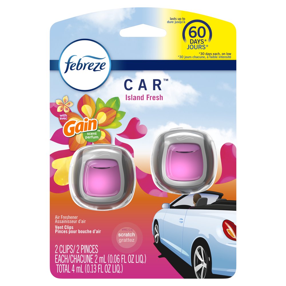 Febreze Car OdorEliminating Air Freshener, Gain Island Fresh, 2 Ct