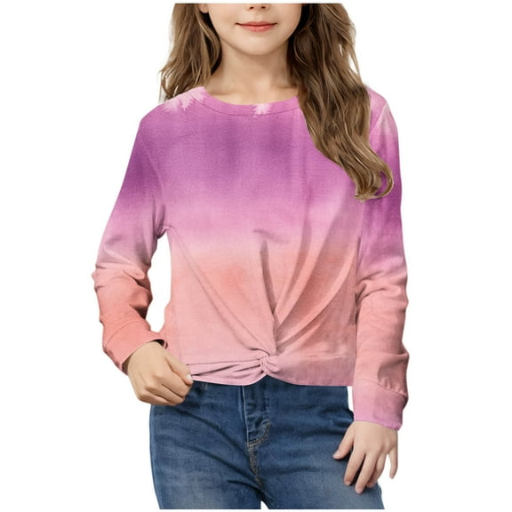 Long Sleeve Kids Shirts Girls Tie Knot Front Shirt Tie Dye Shirt for Girls Casual Crewneck Tshirt Blouse Tops