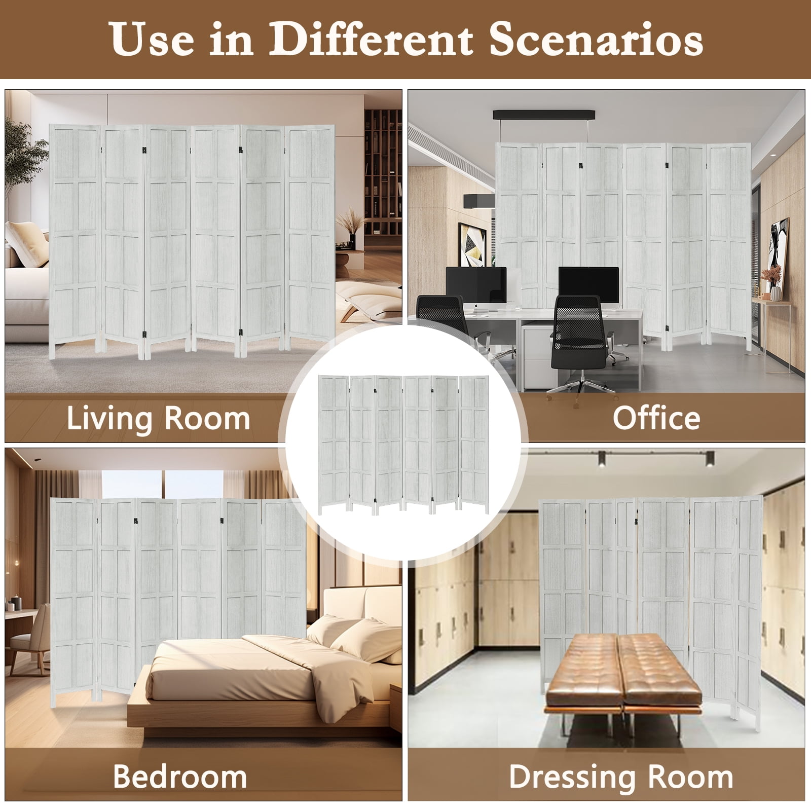 Aletheiawu 6 Panel Room Divider Wall and Folding Privacy Screens, No Installation Required, White