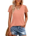 thumbnail image 4 of Summer Oversize Shirts for Womens Fashion Casual Loose Solid Color V-neck Lace Patchwork Short Sleeved Top, 4 of 9