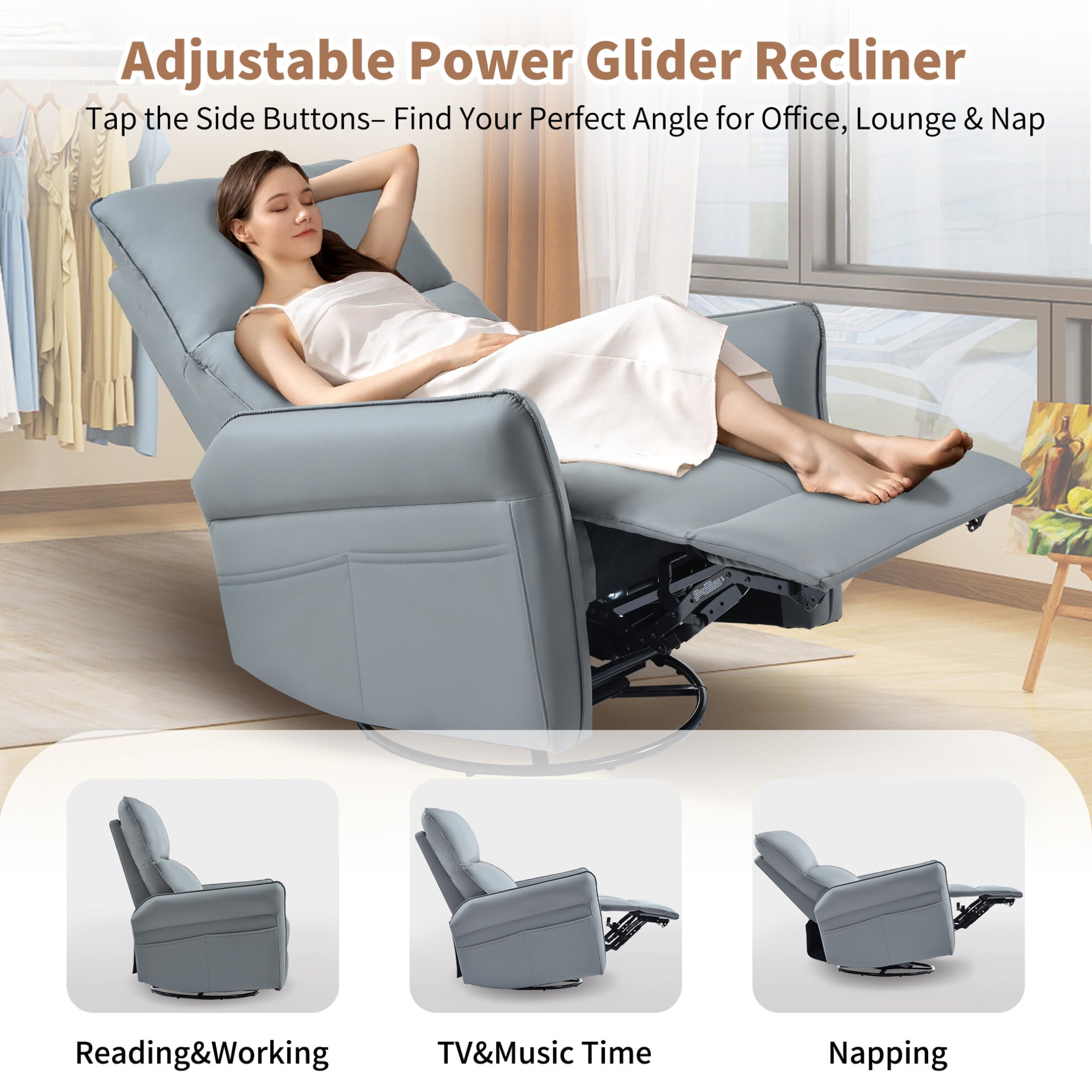 360° Swivel Rocker Recliner Chair,Swivel Nursery Rocking Chair w/Pull ,Glider Chair,Modern Rocking Swivel Recliner Chair for Bedroom,Living Room Chair Home Theater Seating, Blue Gray