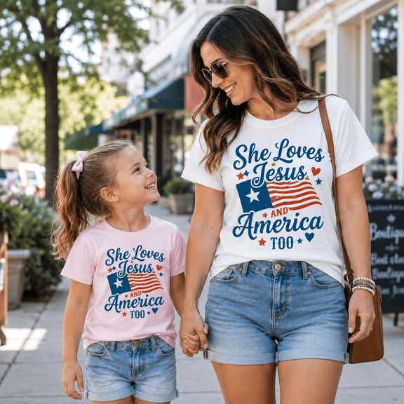 She Loves Jesus And America Too Matching Shirts, Mom and Daughter Christian Patriotic Tees, 4th of July Family Outfit
