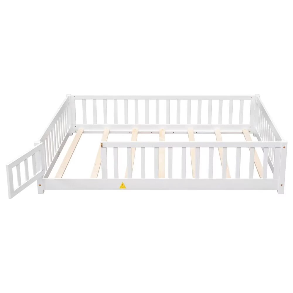 Full Size Floor Bed Frame, Wooden Montessori Bed with 7 Wood Slats, Fence-Shaped Guardrails and Door, No Box Spring Needed, White