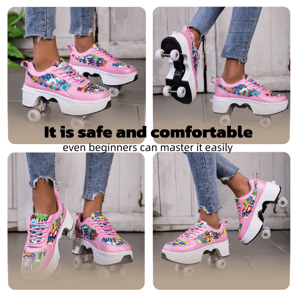 CZV Women's & Teens Graffiti Print Four-Wheel Convertible Roller Skate Shoes,2-in-1 Roller Skates & Sneakers Unisex Retractable Wheels Indoor Outdoor Fun & Fitness Kick Roller Shoes