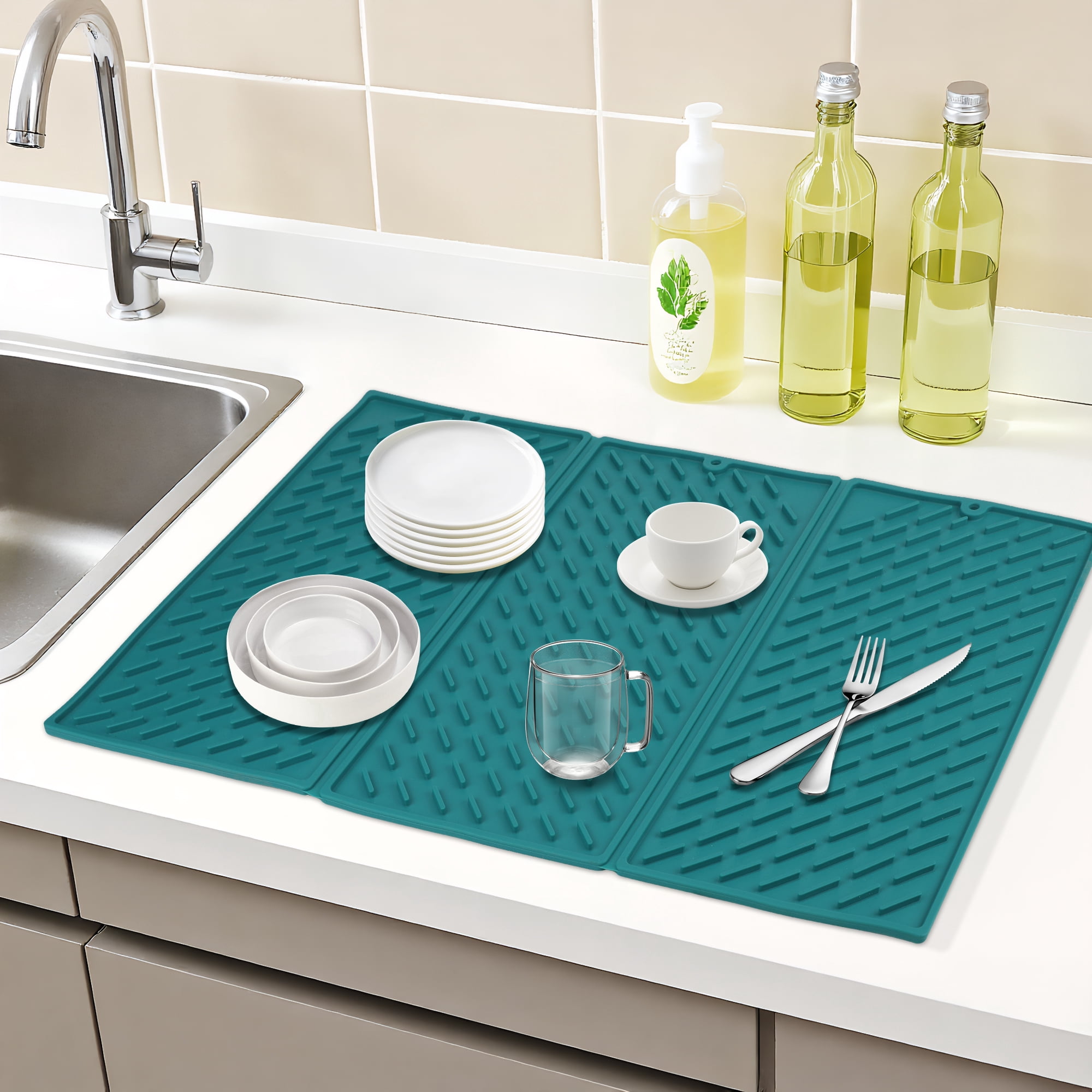 Unique Bargains Heat Resistant Silicone Fits Under Dish Rack Dish Drying Mat Green
