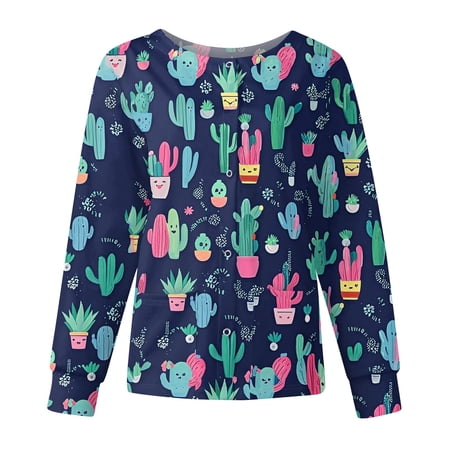 Hearthz Snap Front Scrub Jackets for Woman Long Sleeve Stretchy Animals Pattern Nursing Tops Working Uniforms Womens Scrub Tops Printed with Pocket