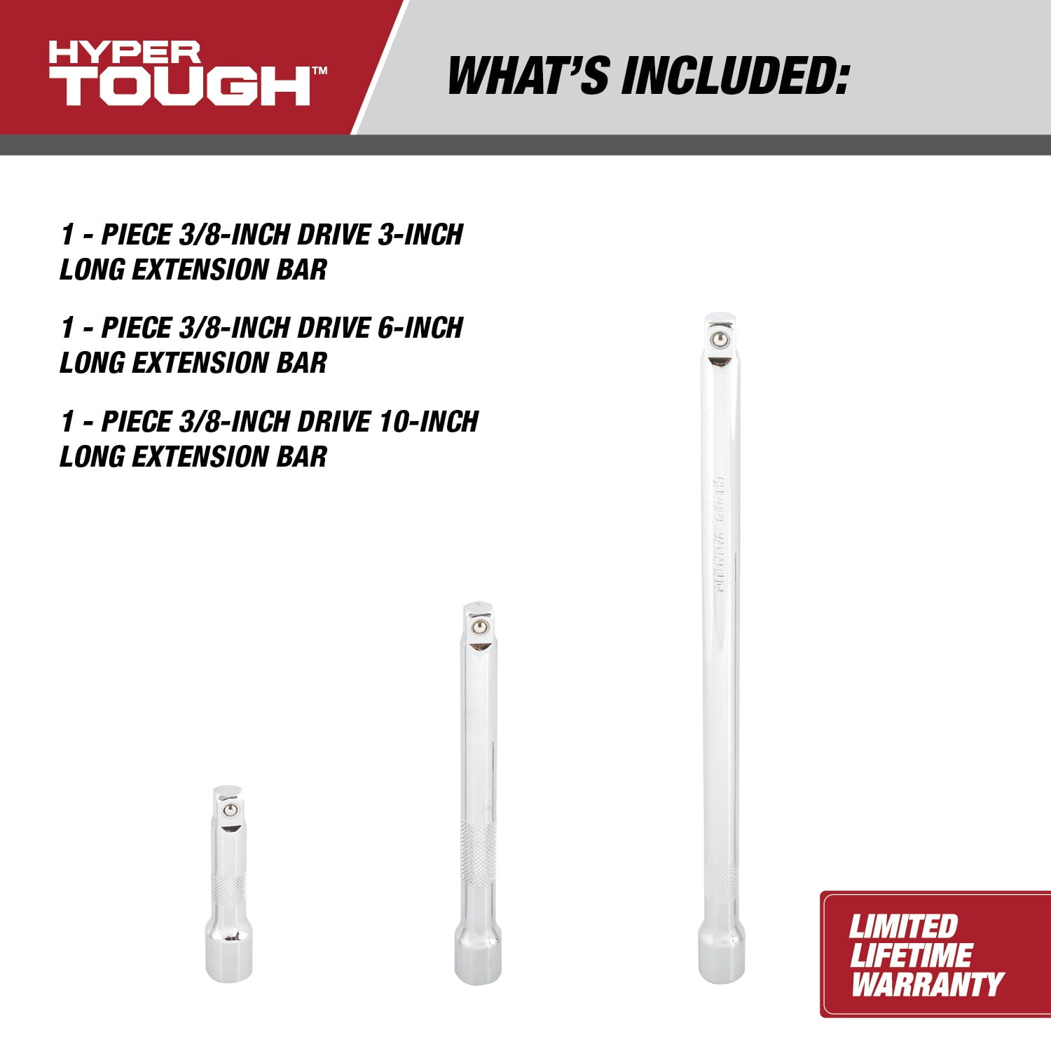 Hyper Tough 3/8-inch Socket Extension Set, 3, 6, & 10-inch