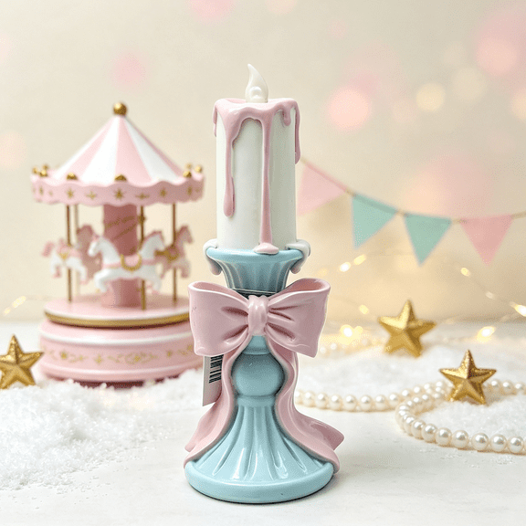Zayton 6.7 in LED Flameless Candle Light Pink Bow Resin Pastel Christmas Tabletop Decor