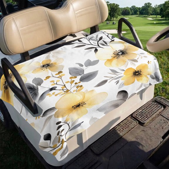 Yellow Floral Spring Golf Cart Seat Covers, Summer Botanical Gray Farmhouse Golf Cart Seat Towel Cover for 2/4 Seater Bench Seats, Breathable Washable Dust & Sun Protection Seats Blanket 51''x31''