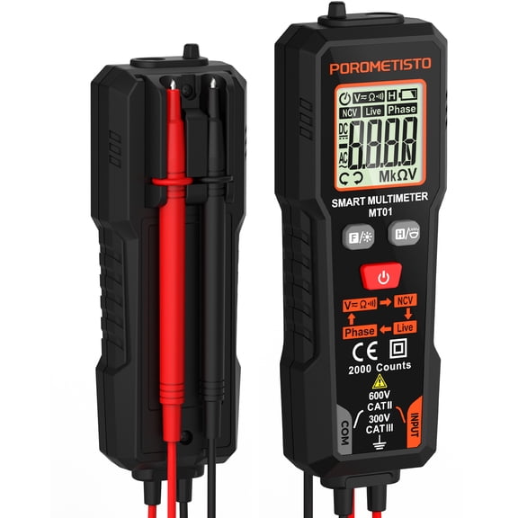 POROMETISTO MT01 Smart Digital Multimeter, 2000 Counts High Precision Voltmeter, AC/DC Voltage, Resistance & Continuity Tester, NCV with Backlight, Ammeter, No Battery
