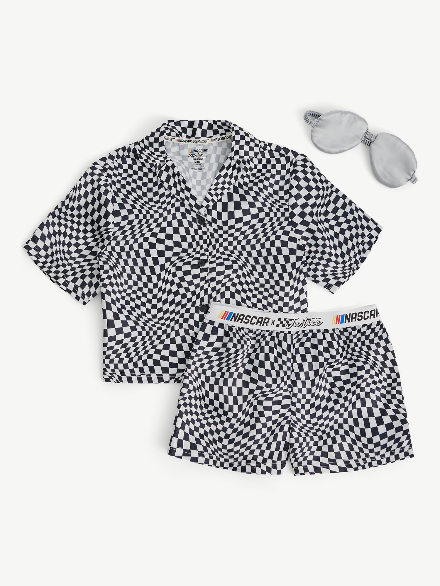Justice Girls x NASCAR Short Sleeve Button Top, Shorts and Eye Mask Pajama Set, 3-Piece, Sizes 5-18