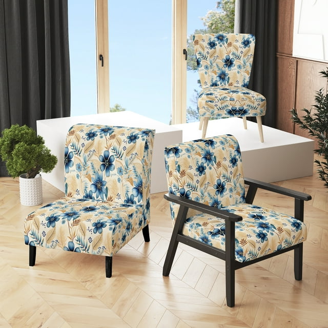 Designart Hibiscus Haven I « » Fauteuil d'Appoint Rembourré Bleu à Motif Floral - Fauteuil de Style Champêtre pour Salon