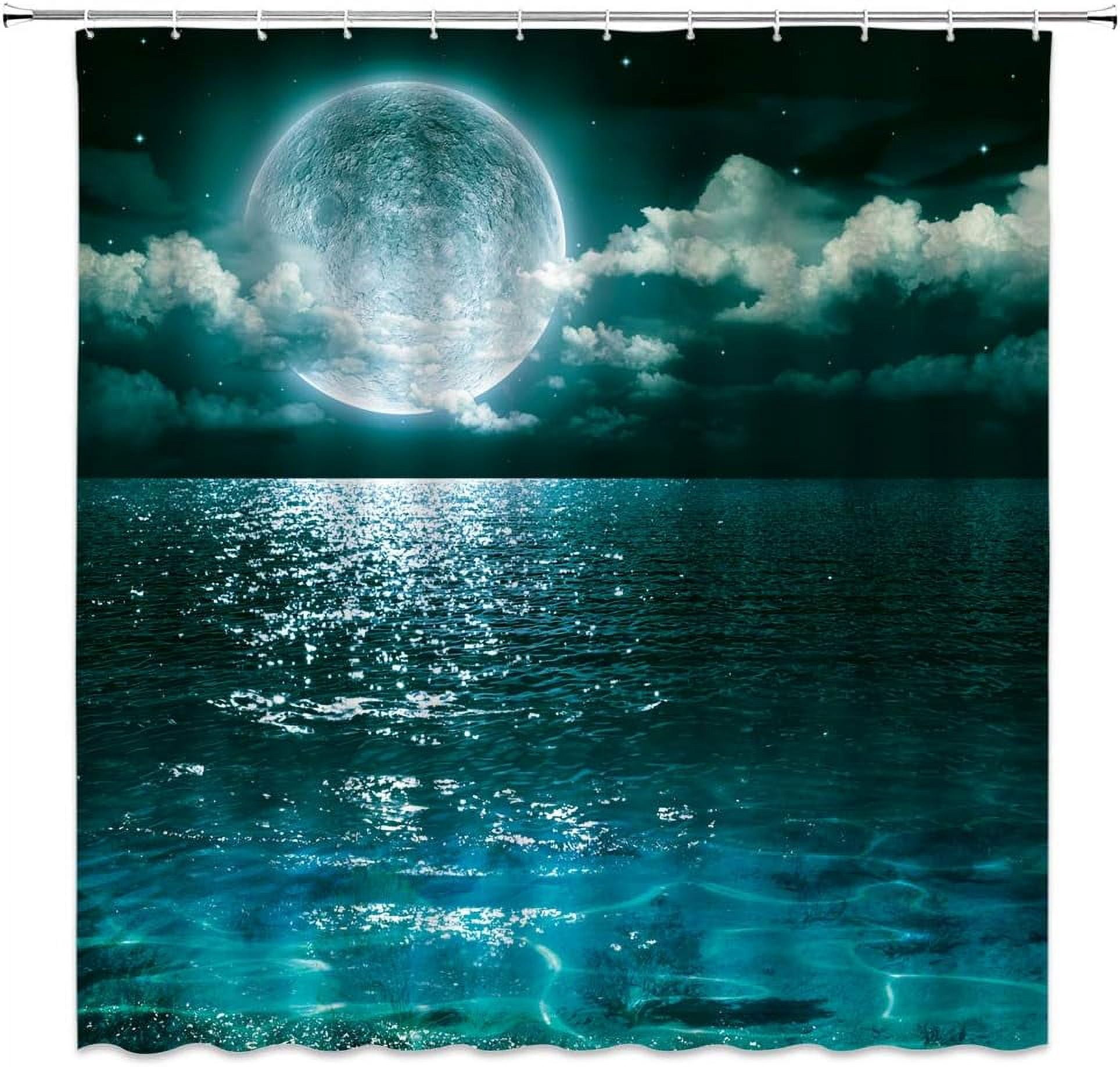 Moon Shower Curtain Full Moon Over Sea Ocean Clouds Planet Star Sky Dreamy Night Scene Black Green Gray Bathroom Curtains Decor Polyester Fabric Include Hooks,(36" WX70 H)