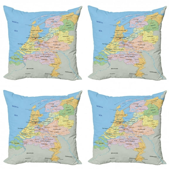 Amsterdam Throw Pillow Cushion Case Pack of 4, Mapping Demonstration of Cities Surrounding Main Regions Geographical Print, Modern Accent Double-Sided Print, 4 Sizes, Multicolor, by Ambesonne