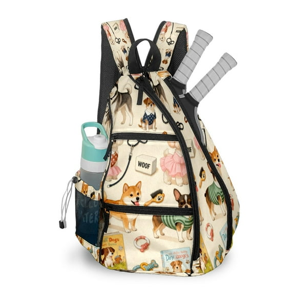 Pickleball Shoulder Bag for Men and Women - Fence Hook - Crossbody Backpack with Water Bottle Holder Cute Pet Dogs