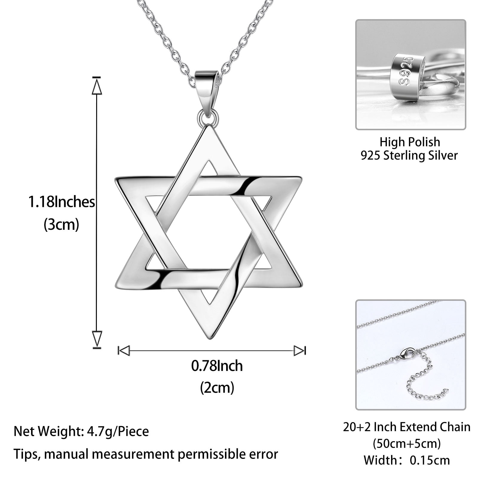 Jewmon Jewish Star of David Necklace for Women Men 925 Silver Magen David Pendnat Amulet Judaica Jewelry Fathers Day Gifts for Dad Father