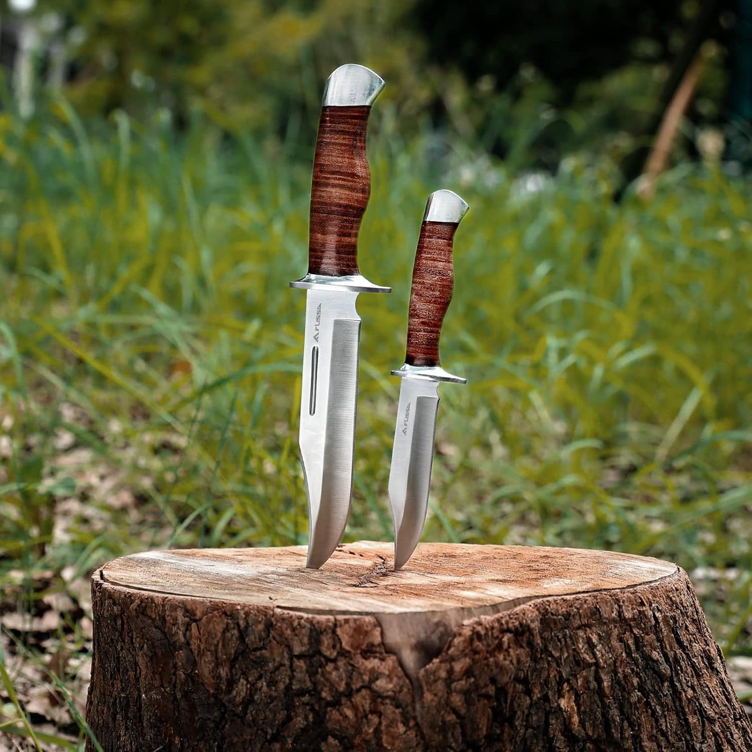 FLISSA 2-piece Bowie Knife with Sheath, Fixed Blade Hunting Knife with Leather Handle for Outdoor, Camping, Survival, Hiking