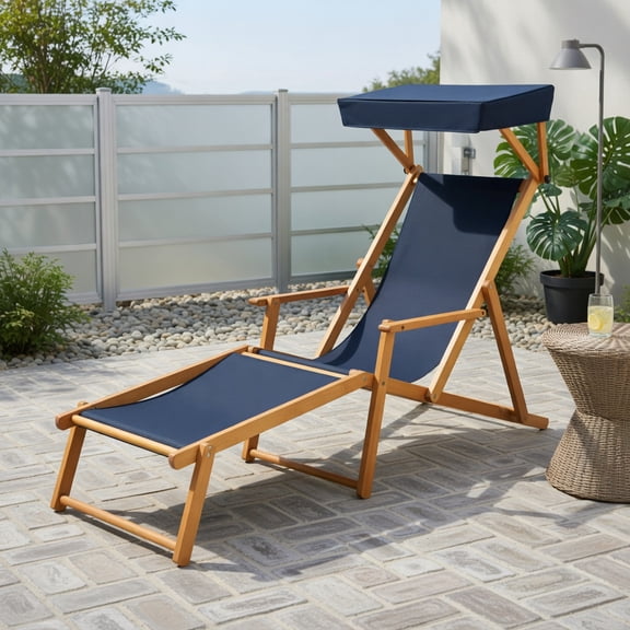 Yardi Yard Birch Wood Chaise Lounge Chair Foldable Beach Chair with Adjustable Canopy, Lounge Chairs for Outdoor, Folding Lounger Chaise Chair-Navy