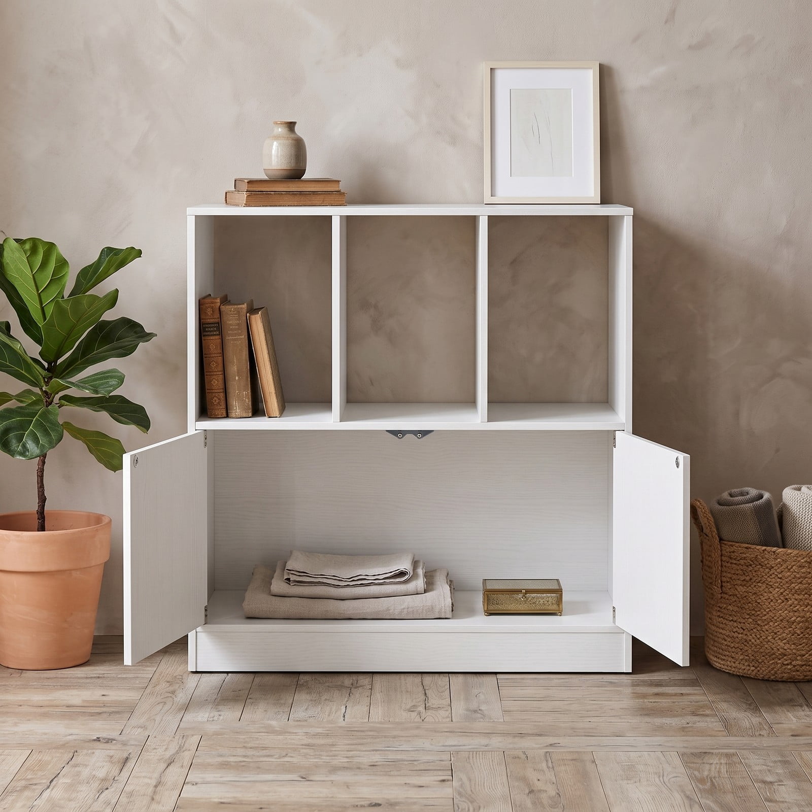 Furnibear 3-Cube Bookcase with Doors, 3-Tier Cube Bookshelf with 2-Door Storage Cabinet and Open Compartments, Anti-Tip Wood Cubby Organizer Shelf for Living, White