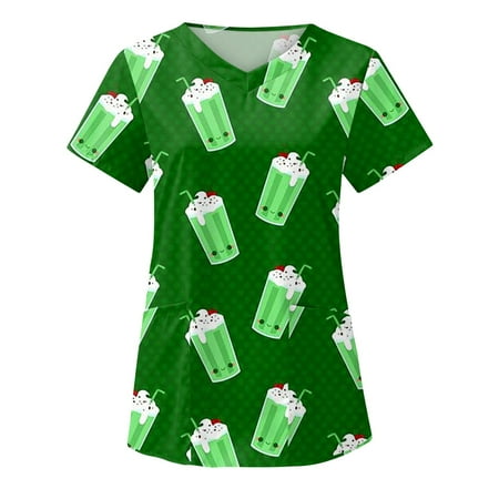 

SOOMLON St Patricks Day Green Shirt Women Scrub Tops Lucky Working Uniforms Holiday Shamrock Short Sleeve V Neck Nursing Tops St Patricks Day Shirt Plus Size Working Uniform Blouse Green S