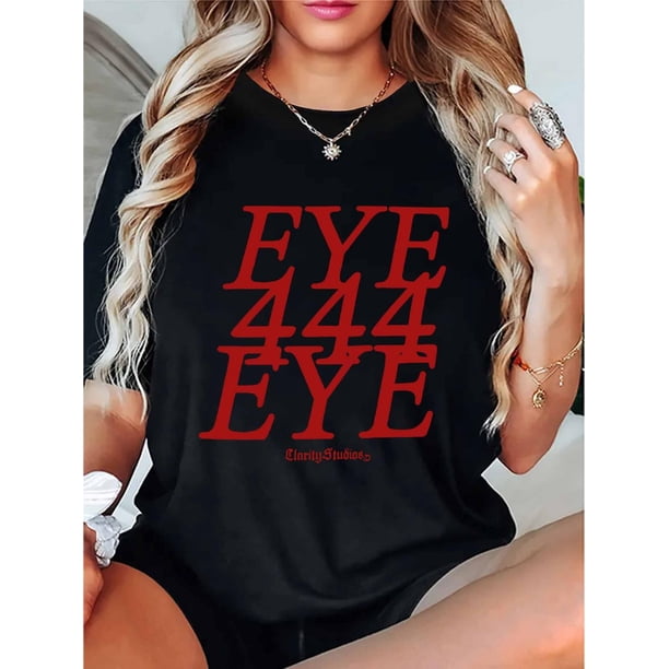 Camiseta con estampado gráfico "Eye 4 Eye" para mujer, informal, de cuello redondo y manga corta, mezcla de algodón y elastano, tejido de punto de elasticidad media, ideal para cualquier temporada, id