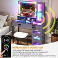 thumbnail image 4 of HNEBC Vanity Desk with Mirror and RGB Lights, Glass Top Makeup Vanity with Auto Sensor Lights and Wireless Charging, Vanity Table Set with Cushion Stool, Dressing Table with 6 Drawers (Grey), 4 of 10