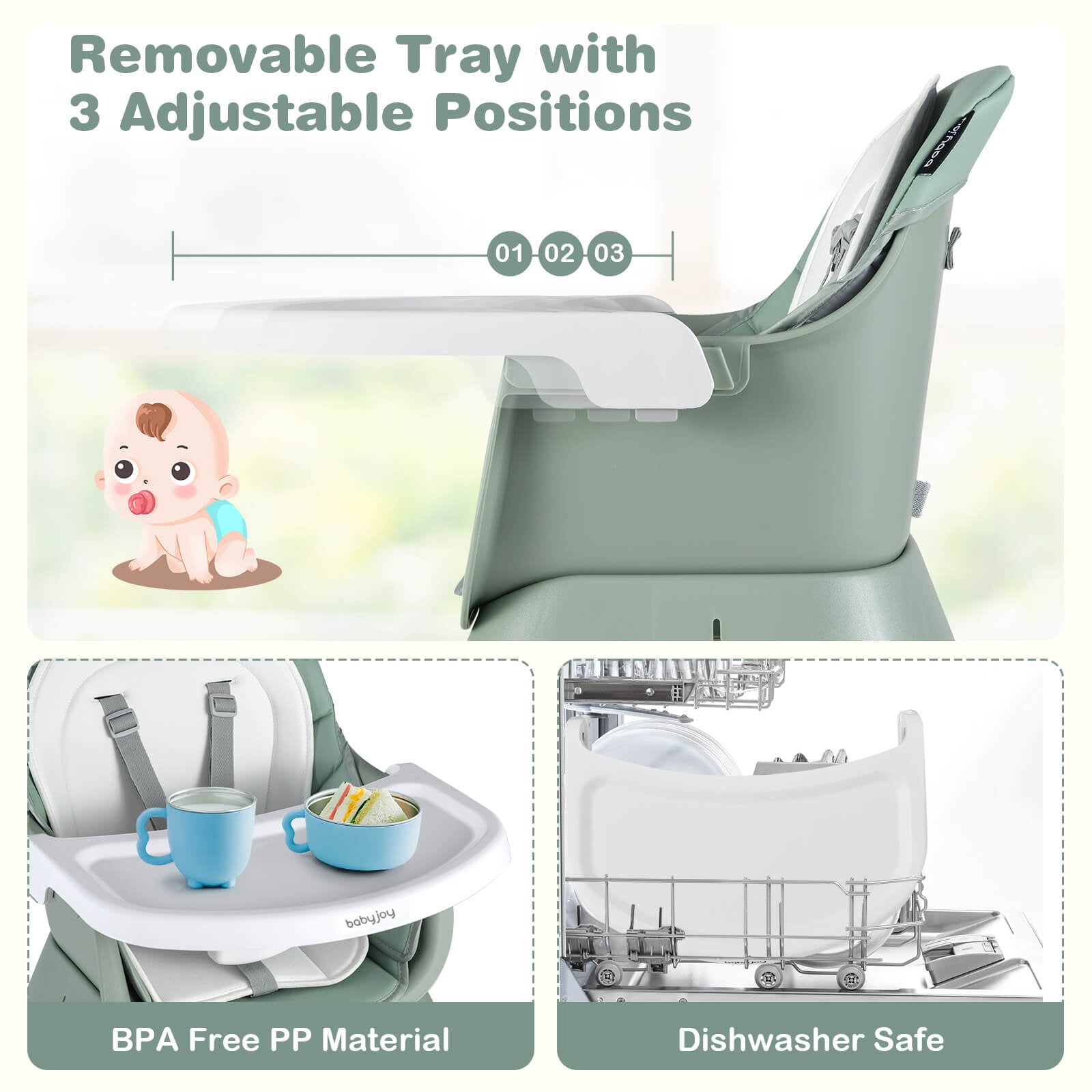 Babyjoy 8-in-1 Baby High Chair with  Double-layer Cushions Multifunctional Toddler Green