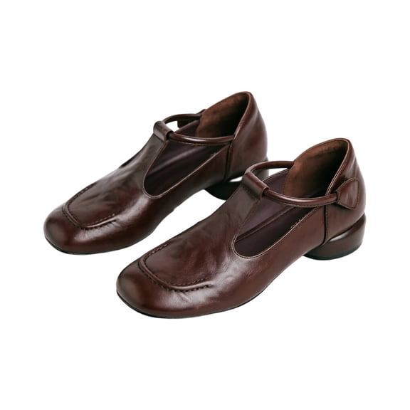 Shrysg Women's Vintage Mary Jane T-Strap Low Heel Loafers Soft Faux Leather Daily Casual Dress Shoes Brown