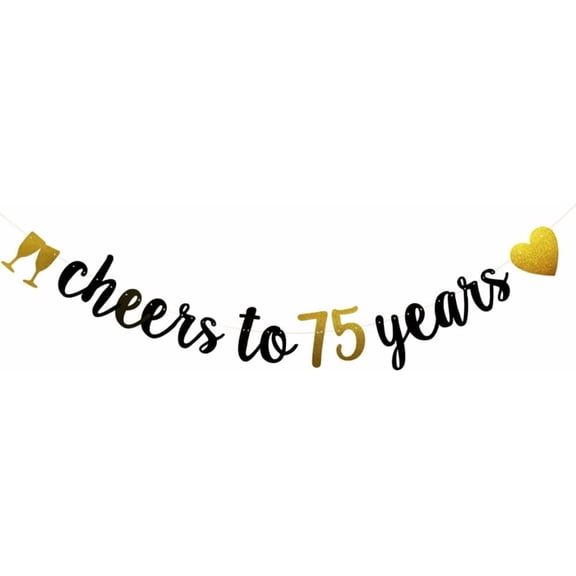 Cheers to 75 Years Banner, Pre-Strung,Black and Gold Glitter Paper Garlands for 75th Birthday/Wedding Anniversary Party Decoratiopns Supplies, Letters Black and Gold
